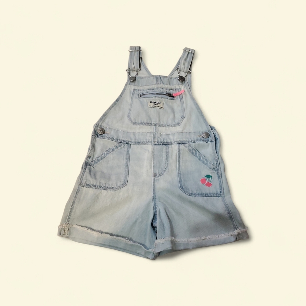 OshKosh B'gosh Light Wash Denim Short Overalls with Cherry Patch - Light Blue